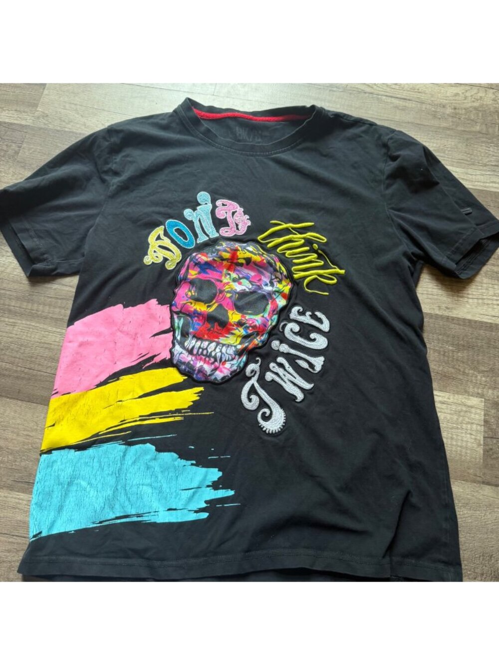 Dont Think Twice Skull Graphic T-Shirt Colorful Design Black Size S BKYS Cotton